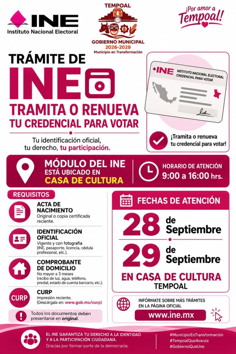 Módulo del INE estará atendiendo en Tempoal y sus localidades